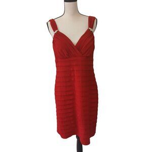 R&M Richards Red Sleeveless Dress Rhinestone Detail Size 14 Tiered Cocktail #I-4